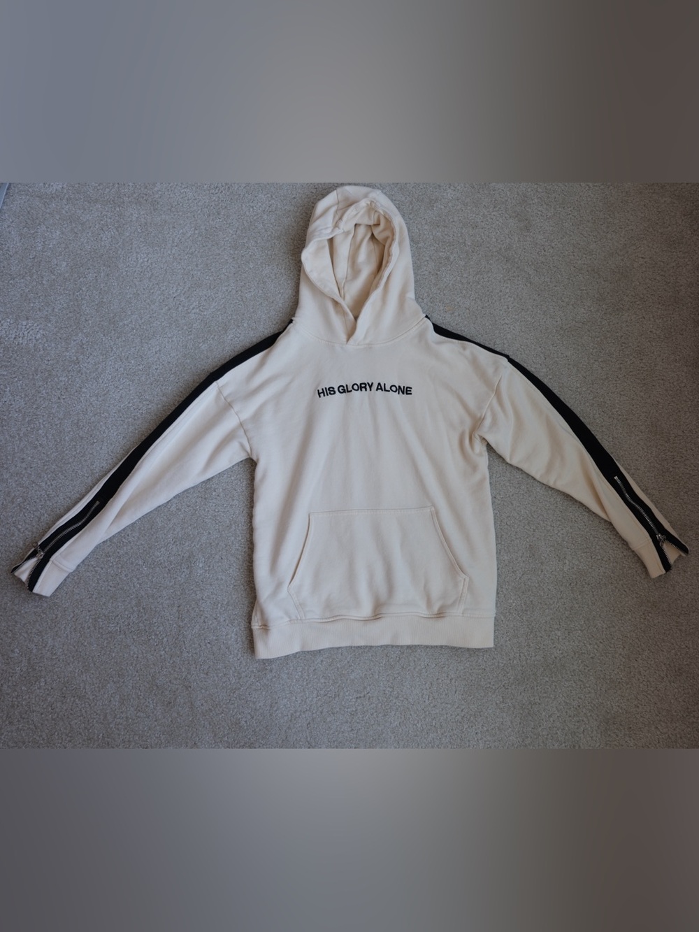 His Glory Alone Cream Christian Hoodie with Black Stripe Detail unisex S